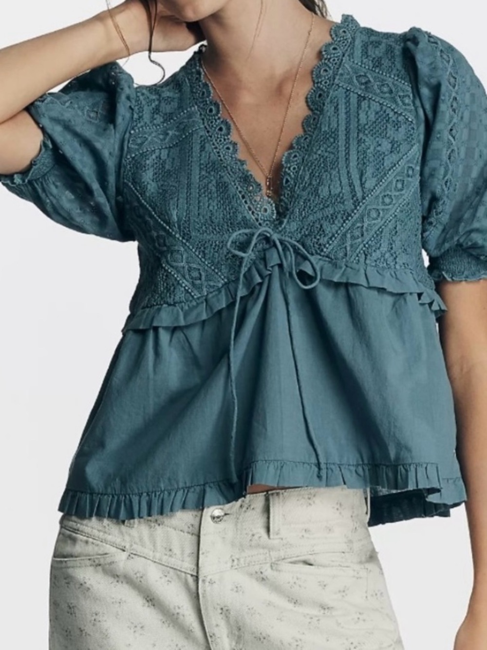 Anthropologie Women's Lace-Trim Peasant Top - Picture 3 of 3